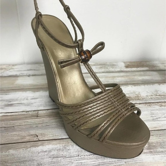 GUCCI Vegas Gold Leather Platform Wedges 38 - Picture 5 of 8